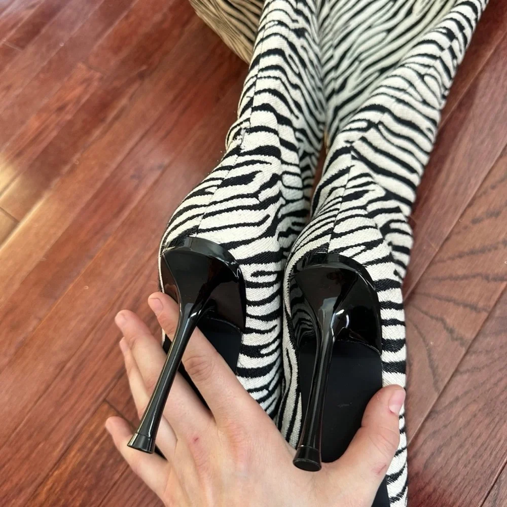 Steve Madden Alluring Zebra Black White Over the Knee Square Toe Heeled Boots